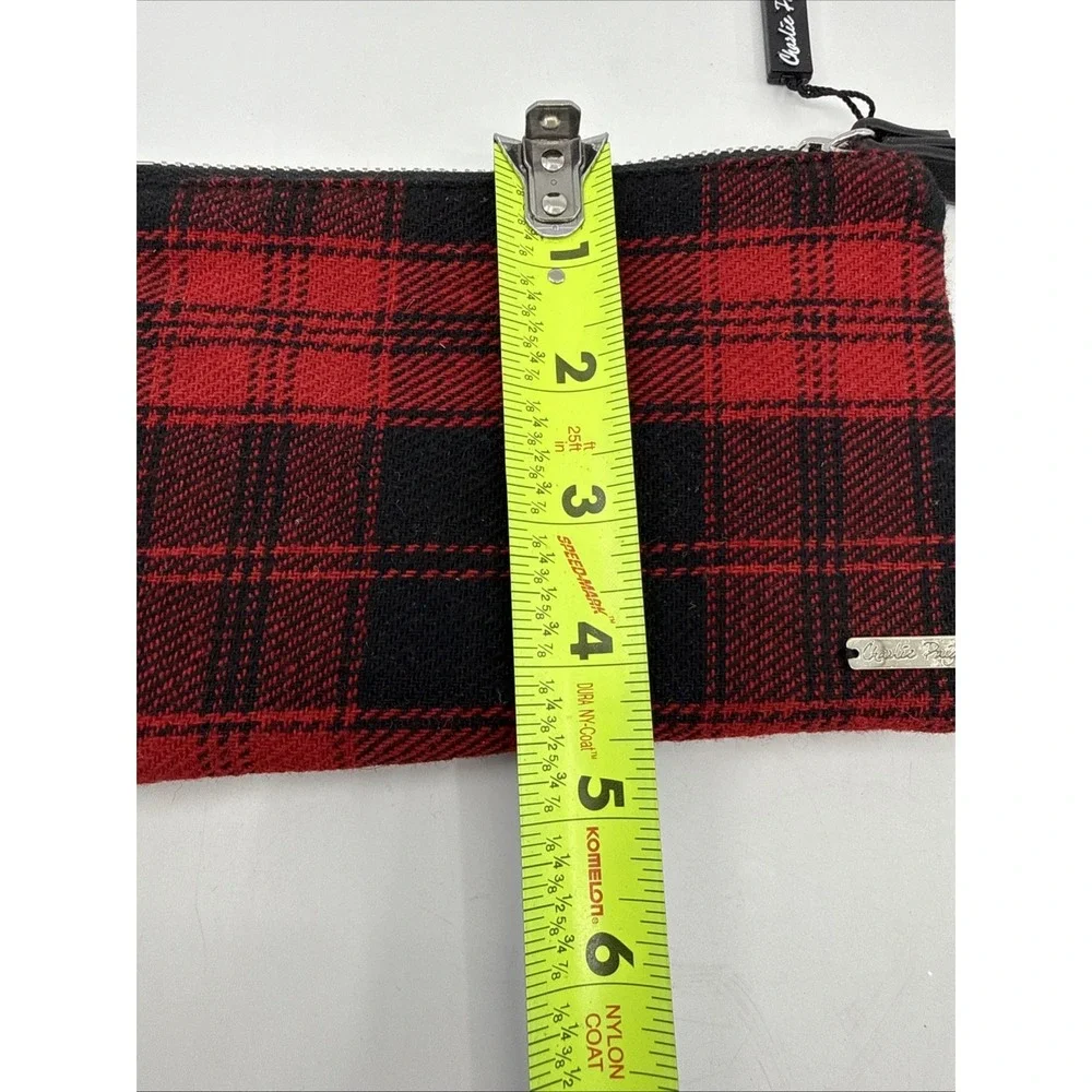 Charlie Paige Black Red Plaid Strap Wristlet Clutch Purse NWT 7x4